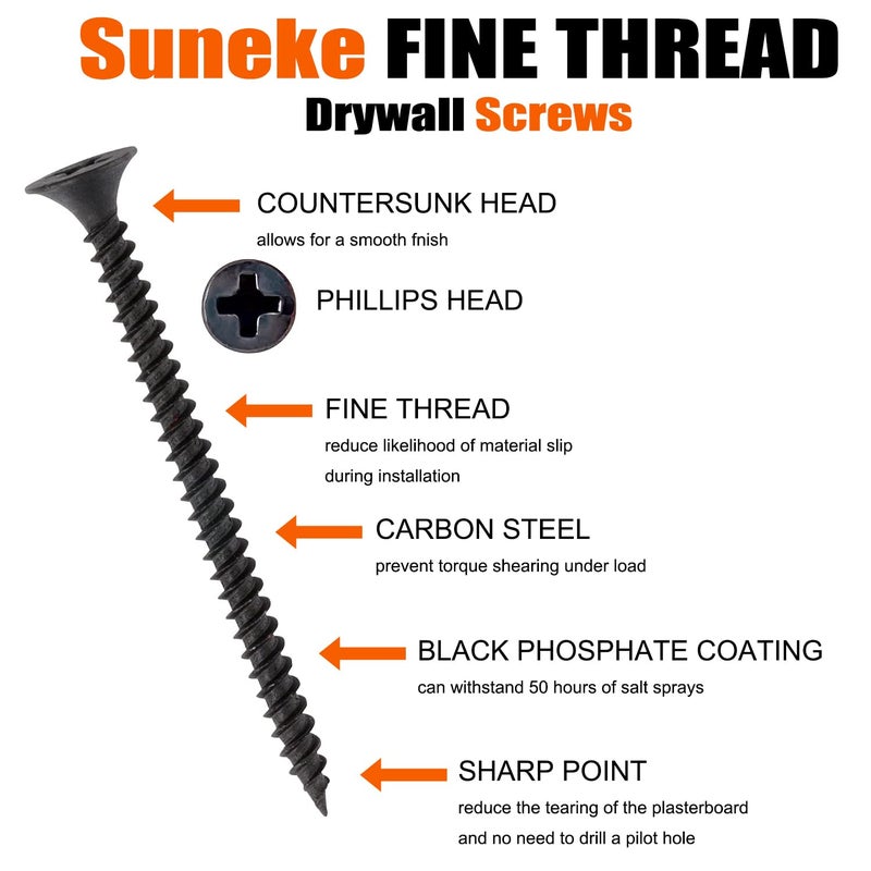 SUNEKE 200PCS #6 X 3/4" High Hardness Drywall Screws, Black Phosphate, Fine Thread, Phillips Drive, Bugle Head, Wood Screws with Organizer Box & 1 Phillips PH2#2 Long Bit - Image 2